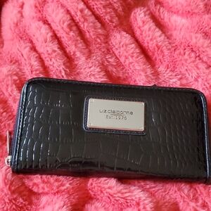 Classic Liz Claiborne zip-around wallet featuring a black croc-embossed exterior